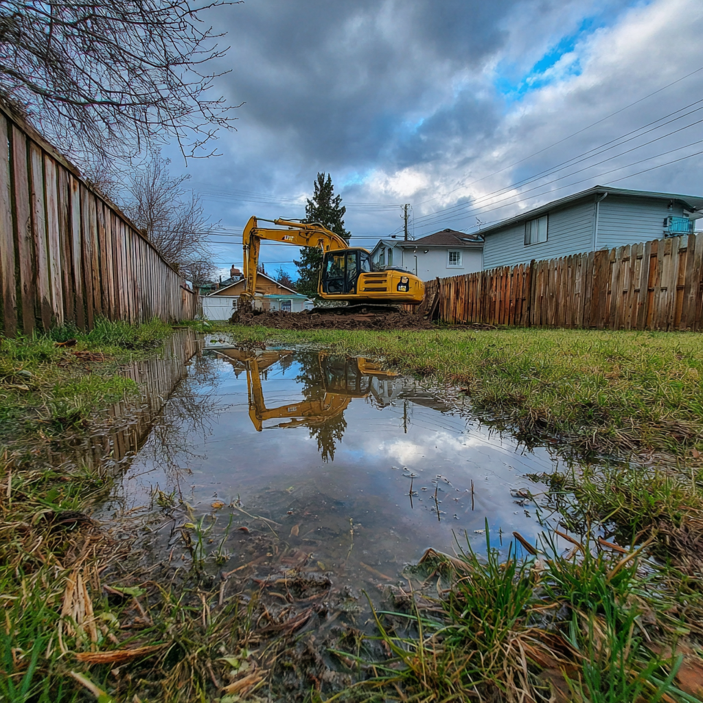 A yellow excavator sits in a backyard field reflected in a puddle under a cloudy sky between two wooden fences.