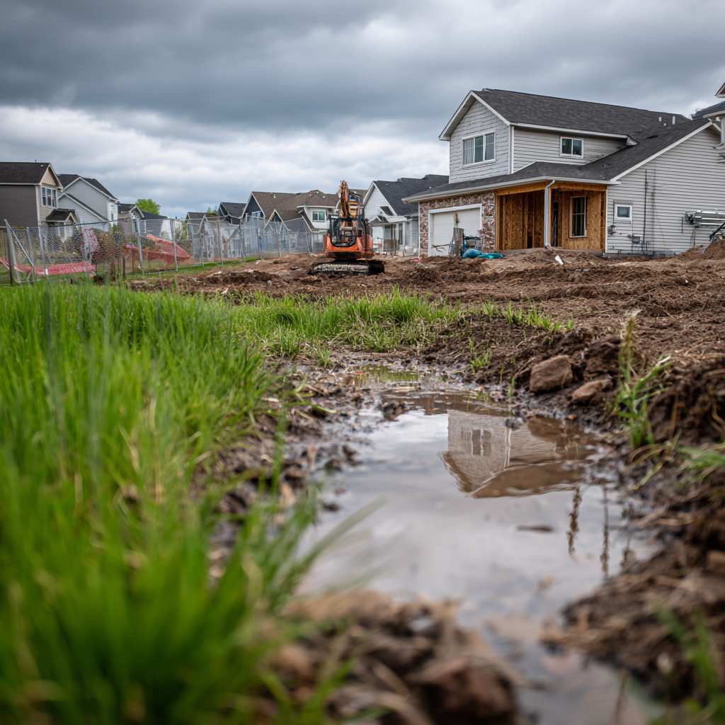 A muddy construction site features a puddle reflecting a house, with an orange excavator in the background.