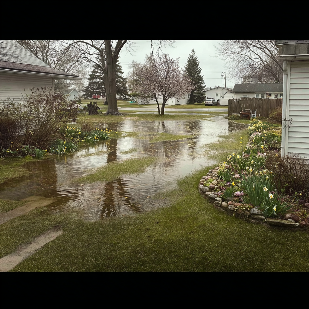A grassy backyard flooded with water, featuring blooming spring flowers and nearby houses under an overcast sky.