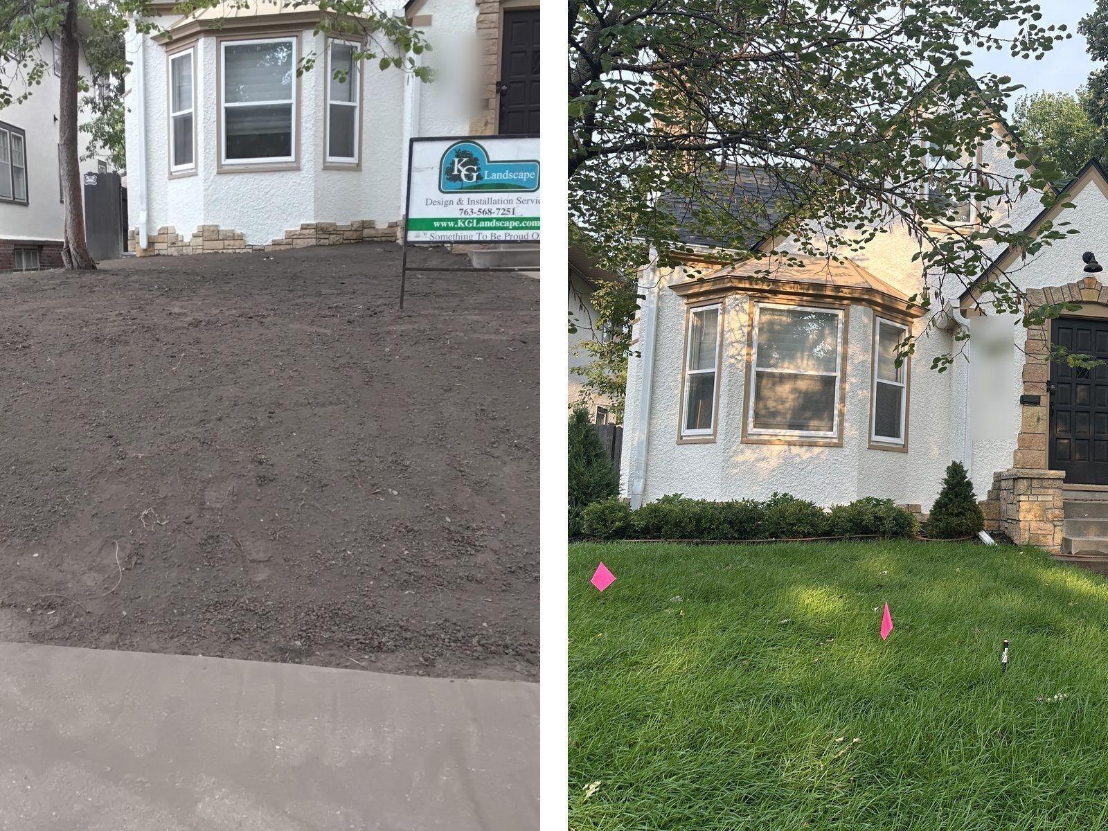 A Minneapolis front yard graded to bare soil, and the same yard finished with new sod