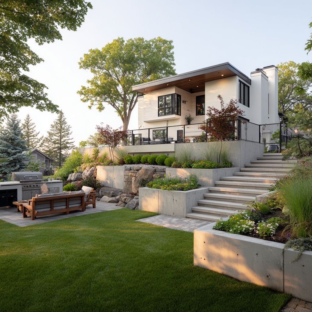 Modern white house with a terraced backyard, concrete planters, stone stairs, and a patio area with wooden furniture.