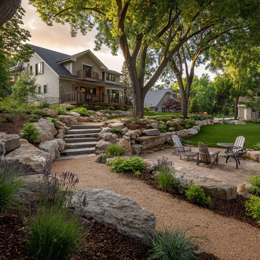A gravel path leads to stone stairs toward a hillside house with a patio, large trees, and lush landscaping at sunset.
