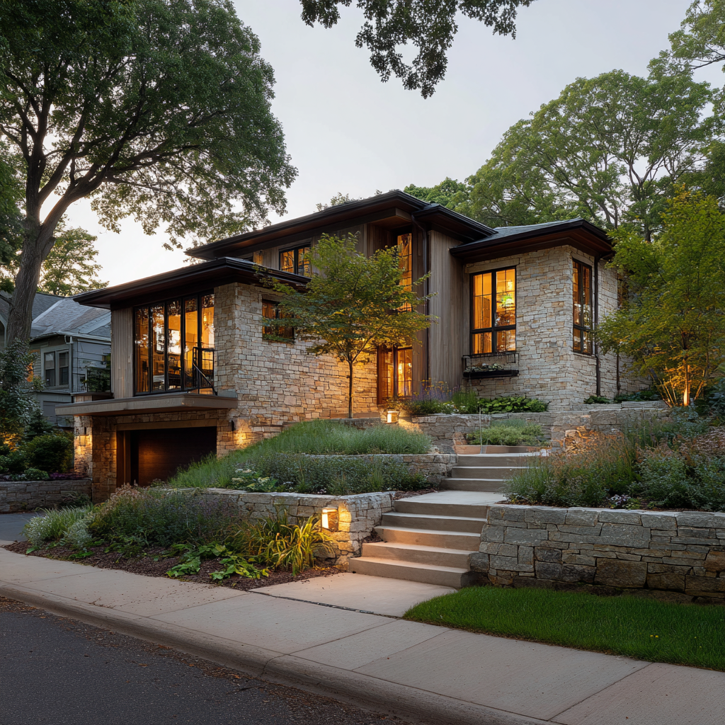 A stone-facade two-story house at dusk, with warm interior lighting, lush landscaping, and concrete steps leading to entry.