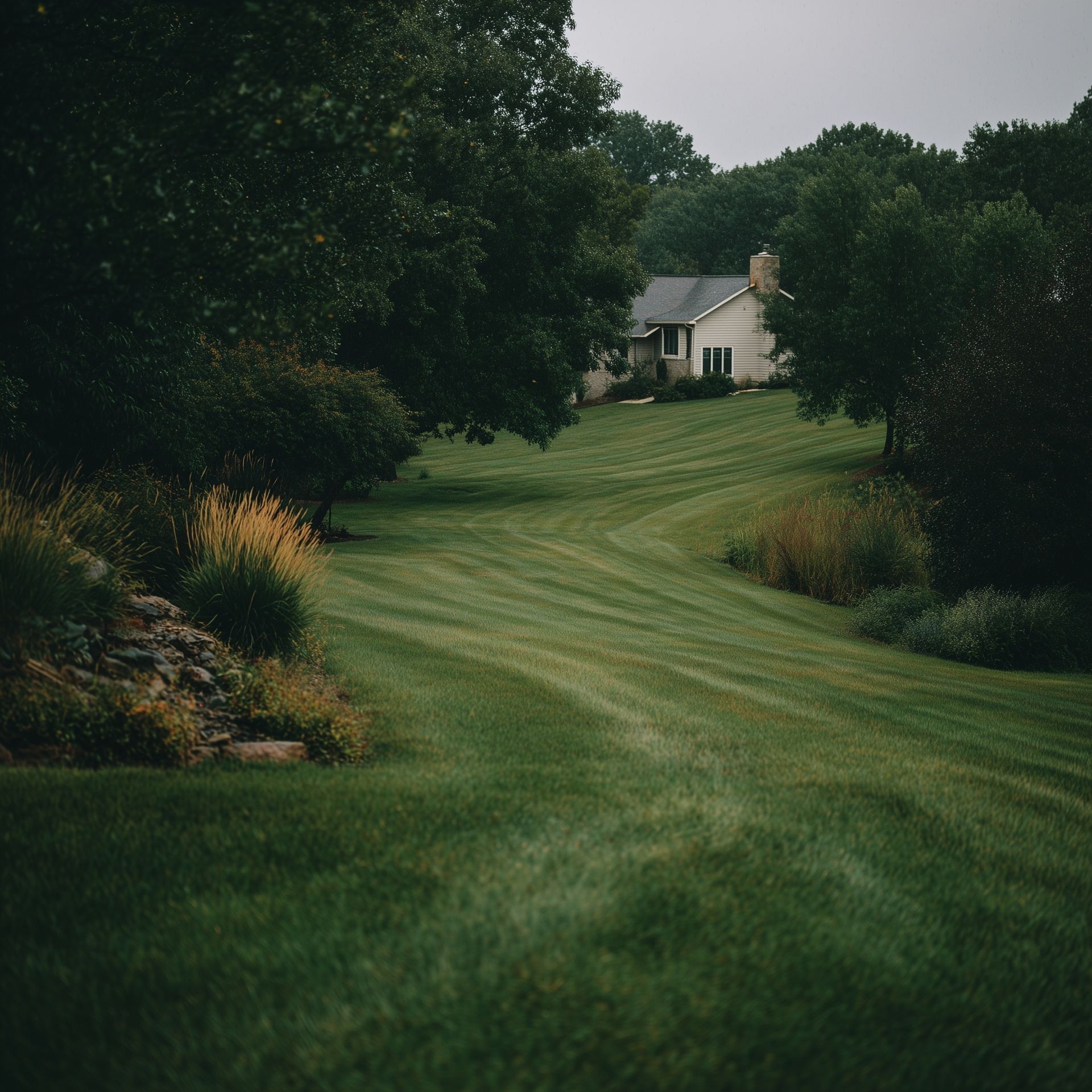 A house on a grassy hill surrounded by trees. Dark green grass and foliage; overcast day.