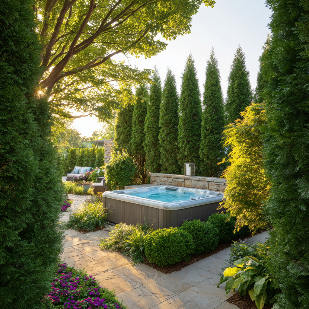 Hot tub surrounded by lush greenery and tall trees, bathed in sunlight.
