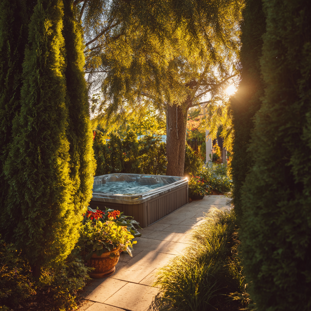 Hot tub surrounded by lush greenery and a pathway, bathed in sunlight.
