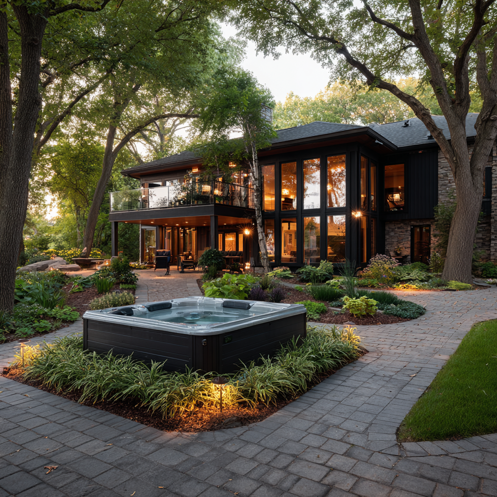 Modern home with a hot tub surrounded by landscaping, patio, and trees.