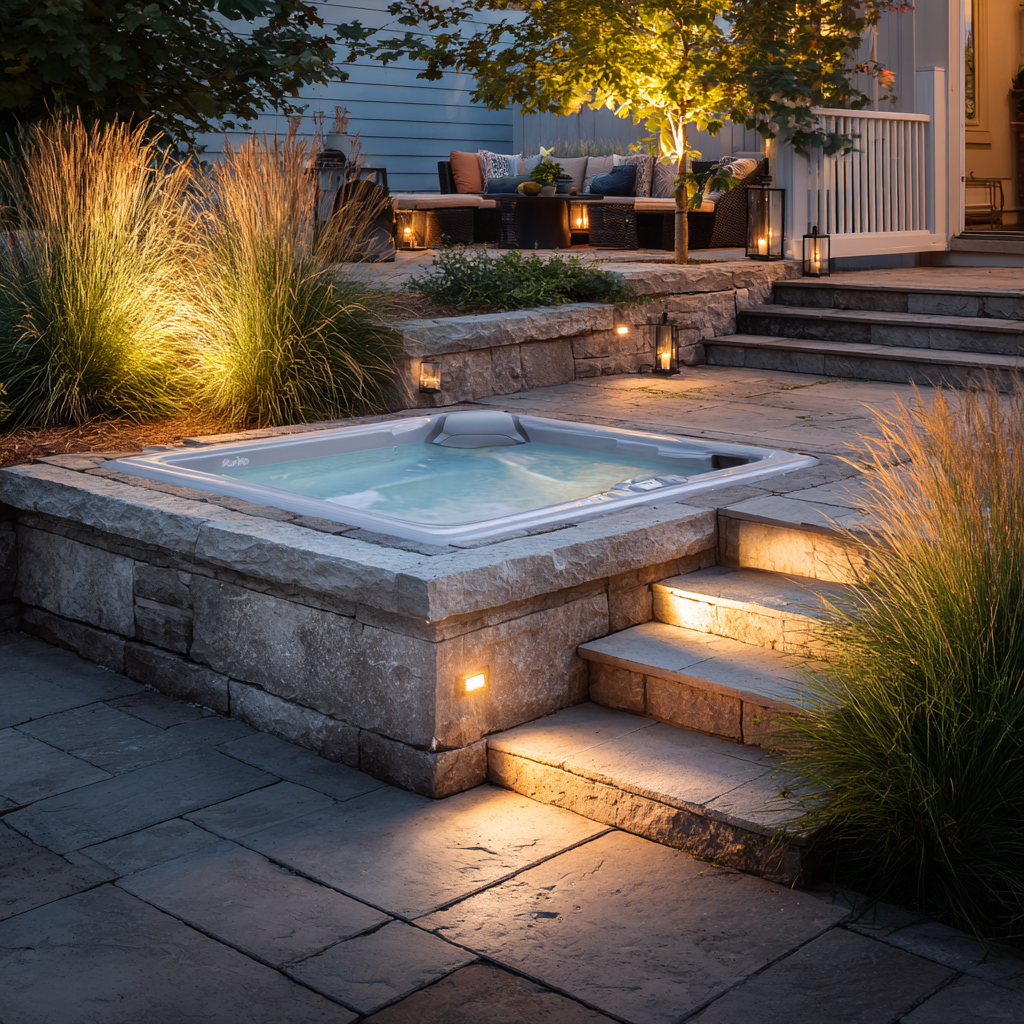 Outdoor hot tub with stone steps and lighting. Patio seating in background.