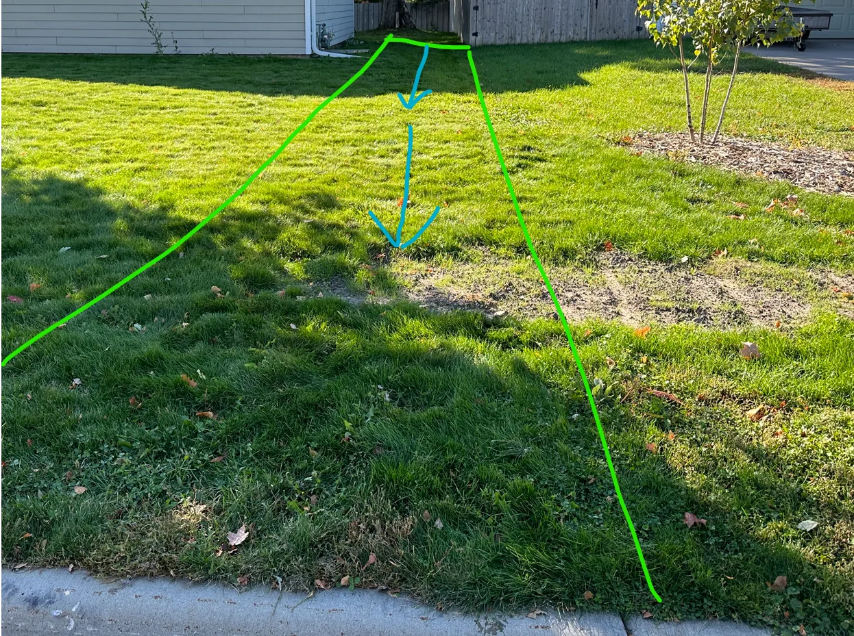 Green = shows footprint of new side yard drainage swale to be graded into the lawn where water was getting stuck 