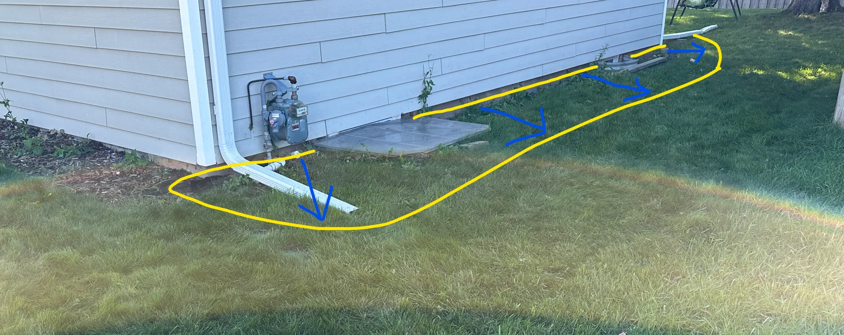Yellow = area where grading will be fixed blue indicates how new grading will be sloped to direct water away from the house