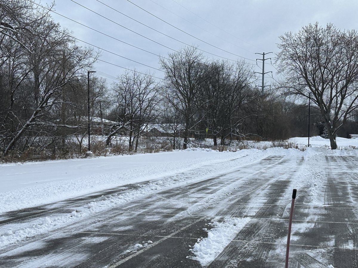 Plowed lot edged by bare trees after a snowfall