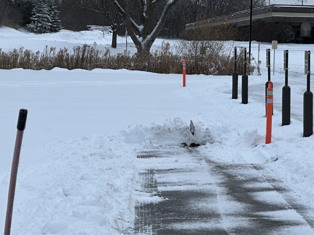 Shoveled walk lined with bollards, with snow banked along both sides