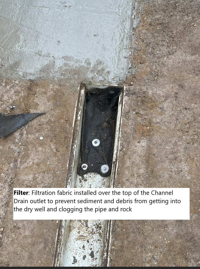 Channel drain with filtration fabric installed to prevent sediment and debris from clogging the pipe.