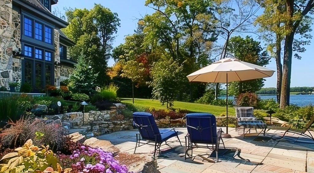 Patio with blue chairs, umbrella, and stone house overlooking a body of water.