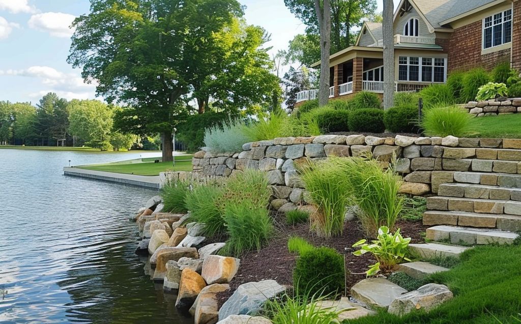 Stone steps and retaining wall with landscaping next to a lake and brick house.