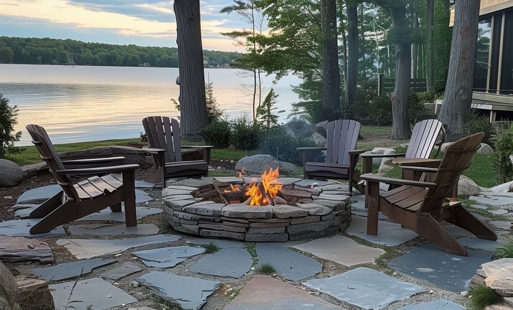 Fire pit with Adirondack chairs on a stone patio overlooking a lake at dusk.