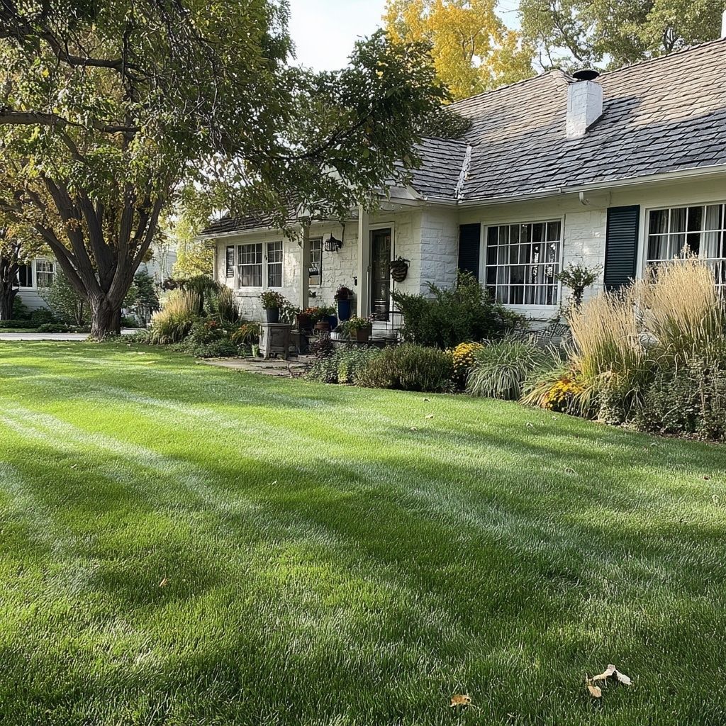 White house with green lawn, trees, and shrubs in a residential area.