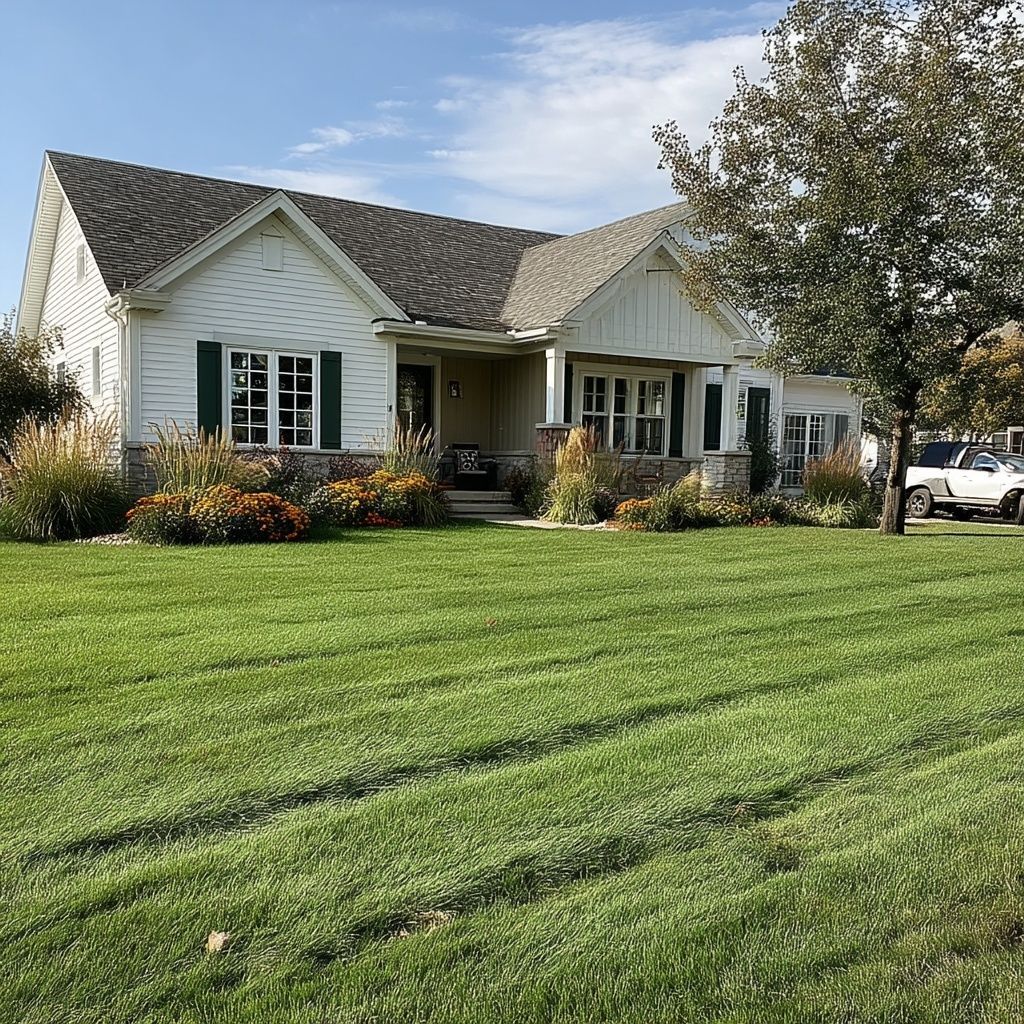 White house with green shutters, lush green lawn, and flowers under a blue sky.