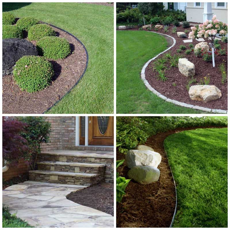 Four images showcasing various garden bed edging styles with lawn and landscaping features.
