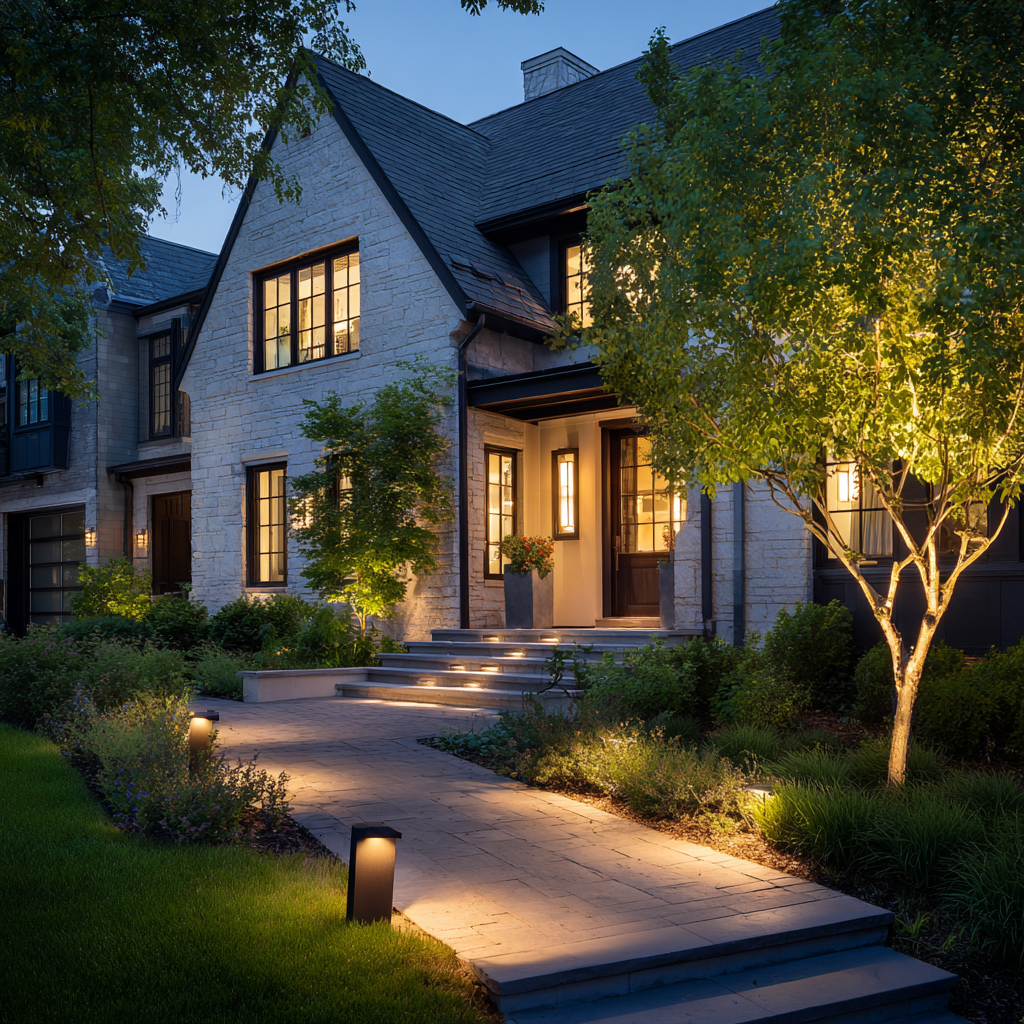 Two-story brick house with lit pathway, steps, and trees. Evening lighting illuminates the front door.