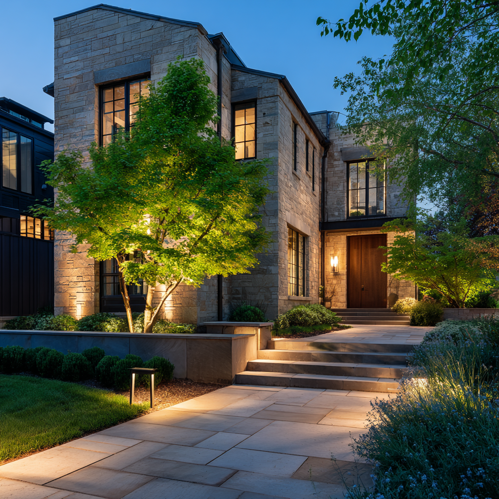 Stone house exterior with illuminated landscaping, pathway, and entrance at dusk.