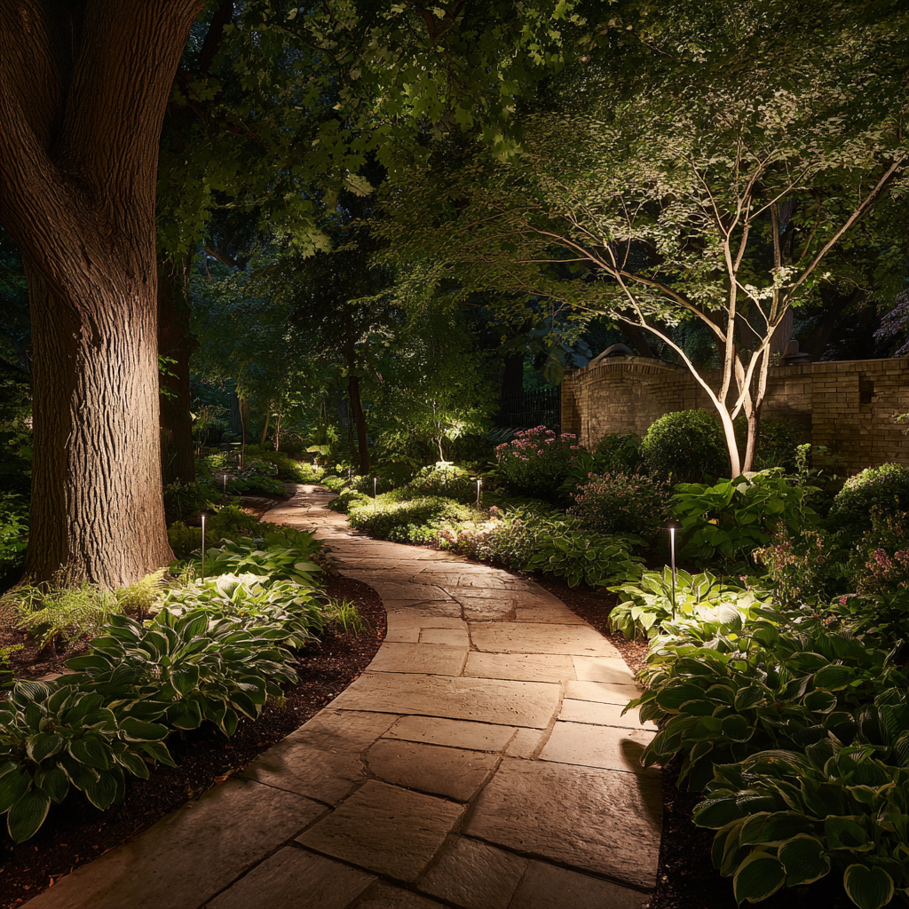 Stone pathway through a garden at night, illuminated by soft lights, leading to a stone structure.
