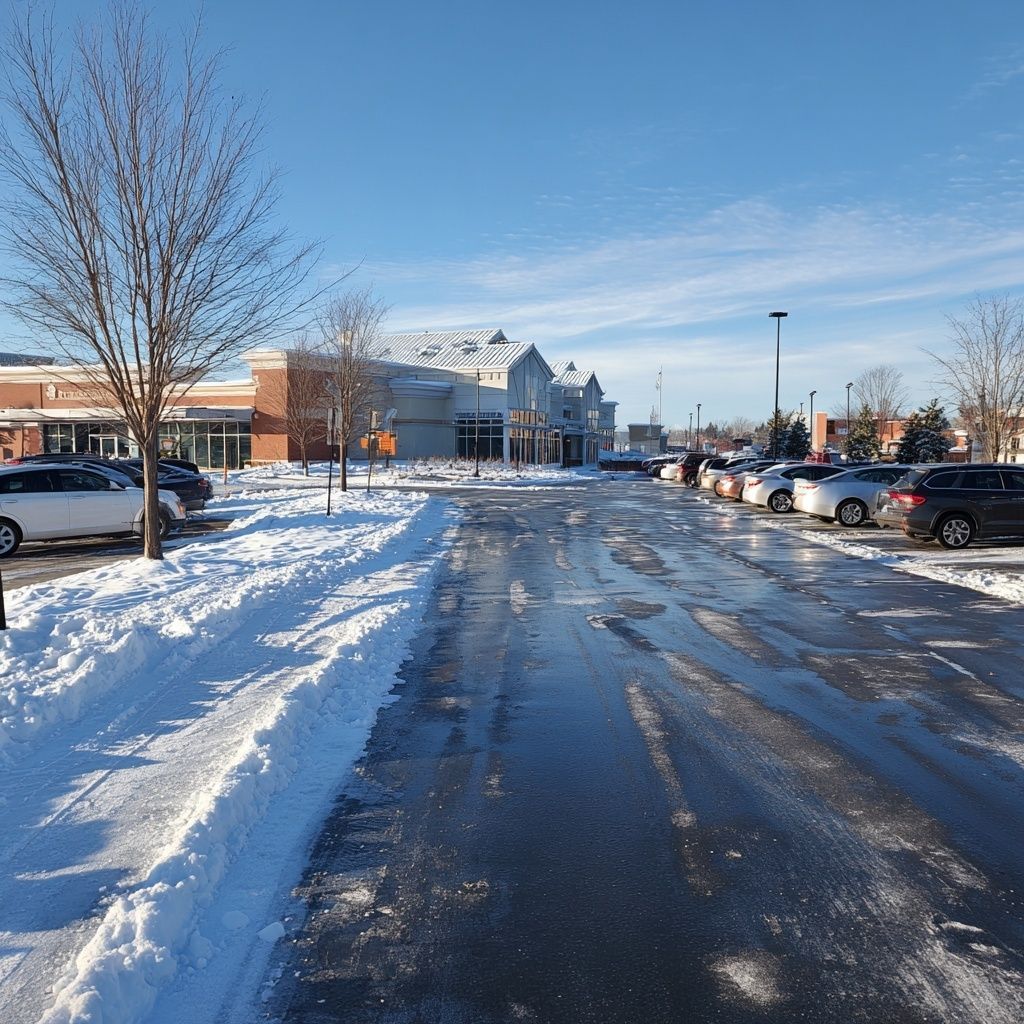 Snowy parking lot with icy pavement leading to stores under a bright blue sky.