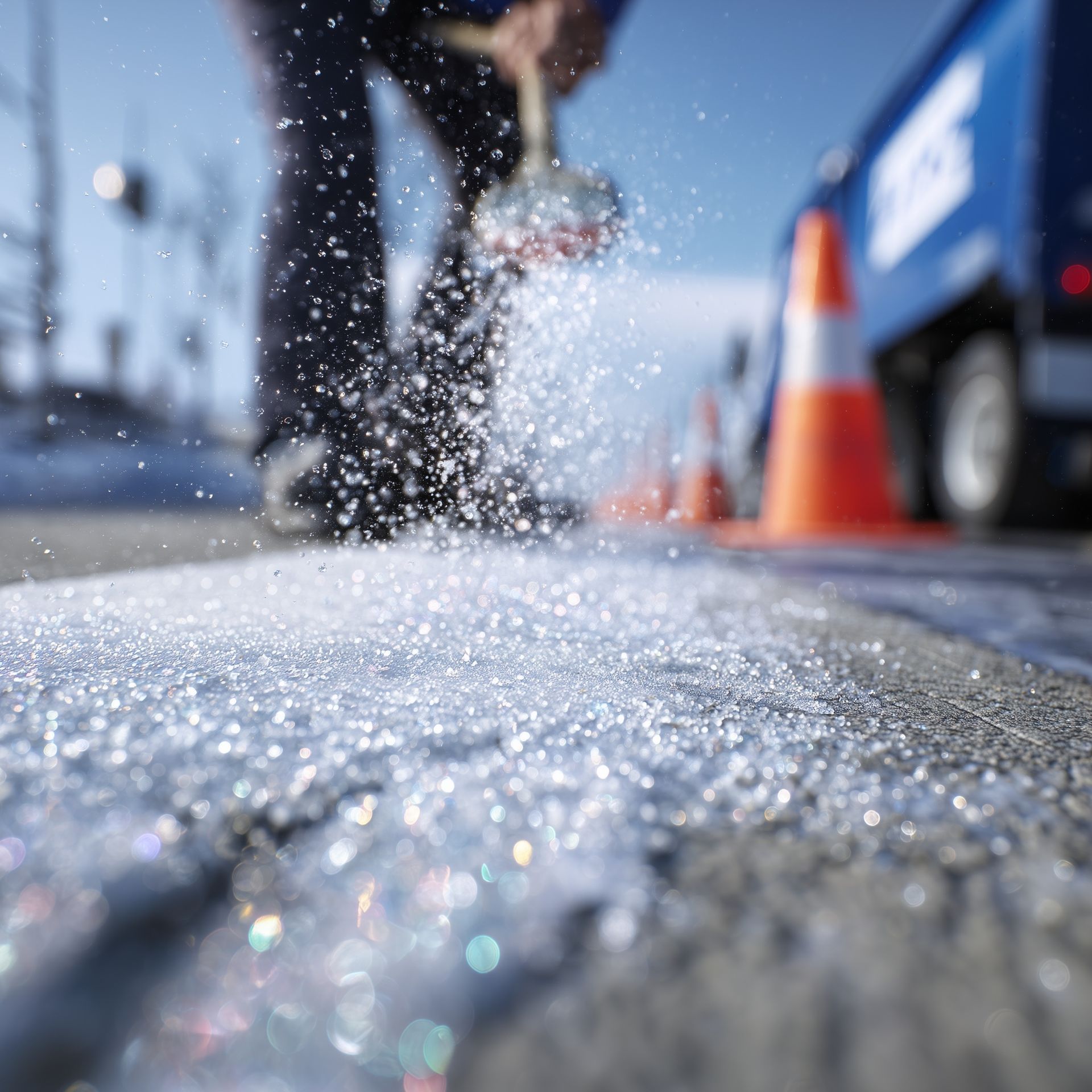 Person spreading salt on an icy road with a brush, orange cones, and a vehicle are in the background.