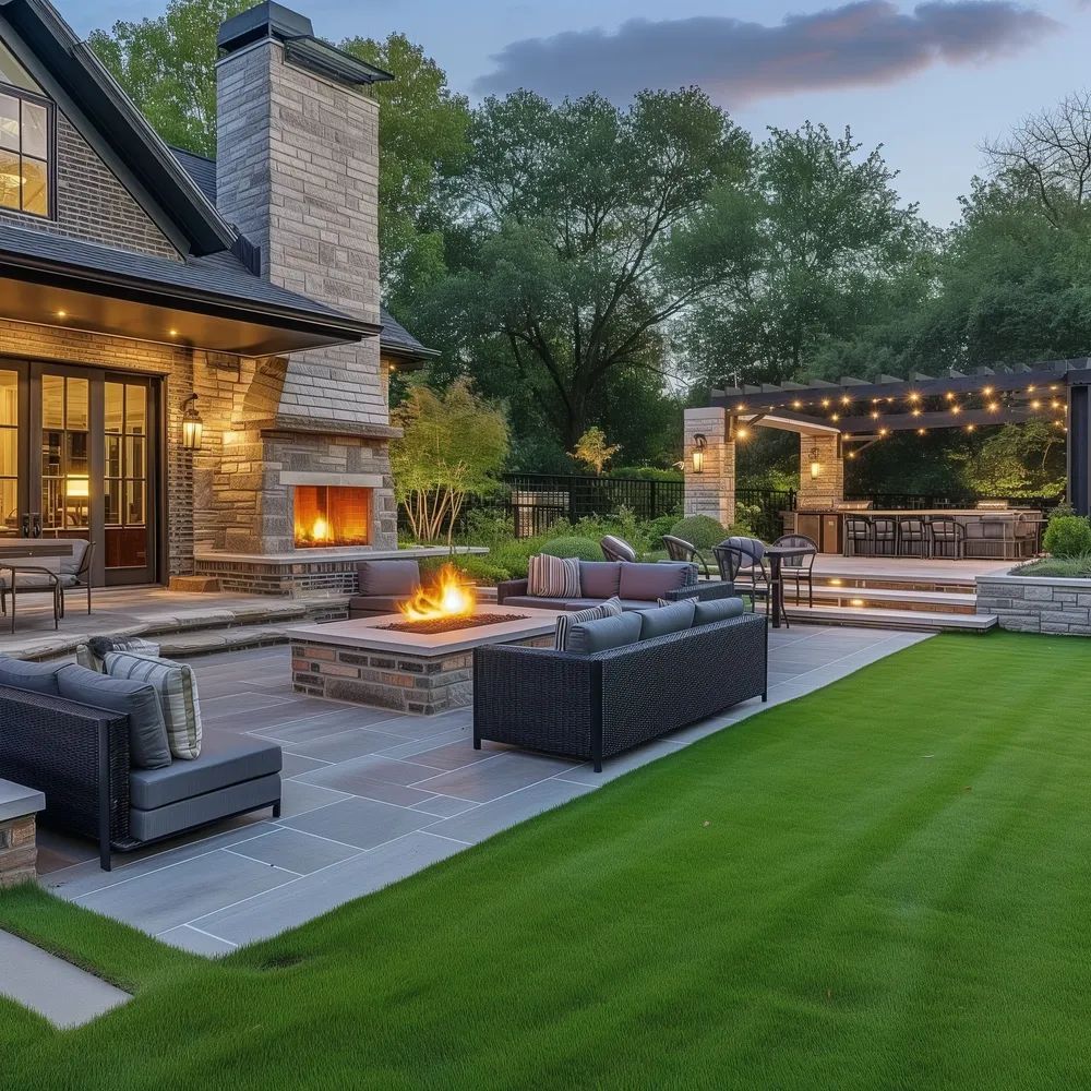 Designed backyard entertaining space with paver patio, fire feature and built-in seating, Minneapolis