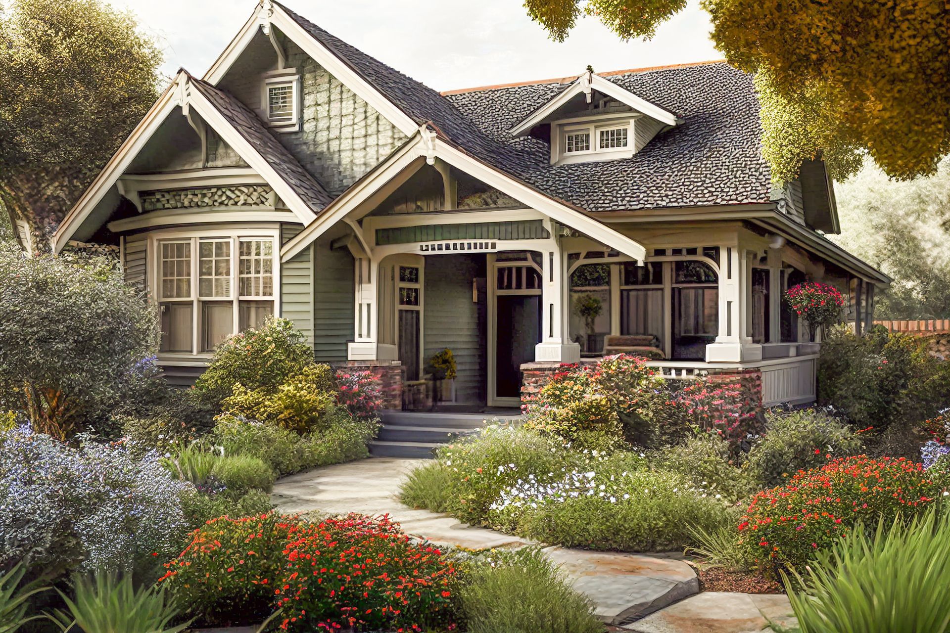 A green house with a porch and flowers in front of it