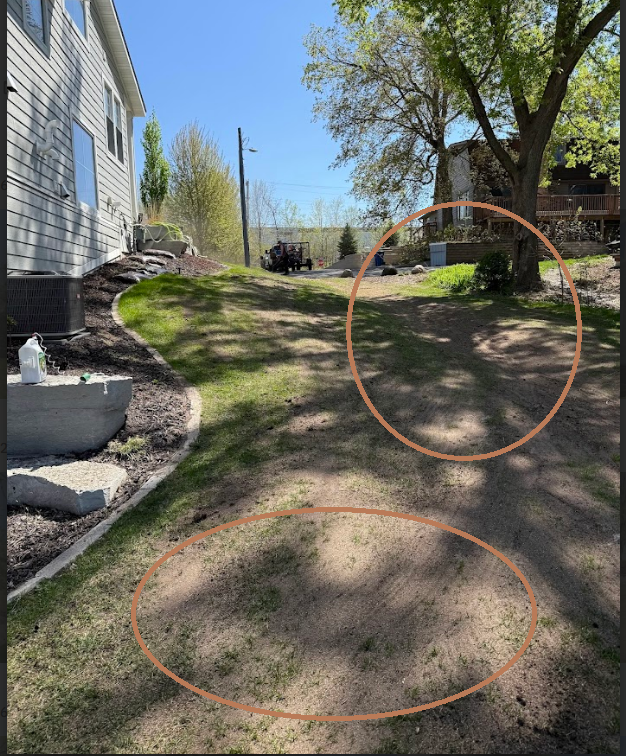 A residential backyard showing dry, patchy grass areas circled in orange, likely highlighting lawn maintenance needs.