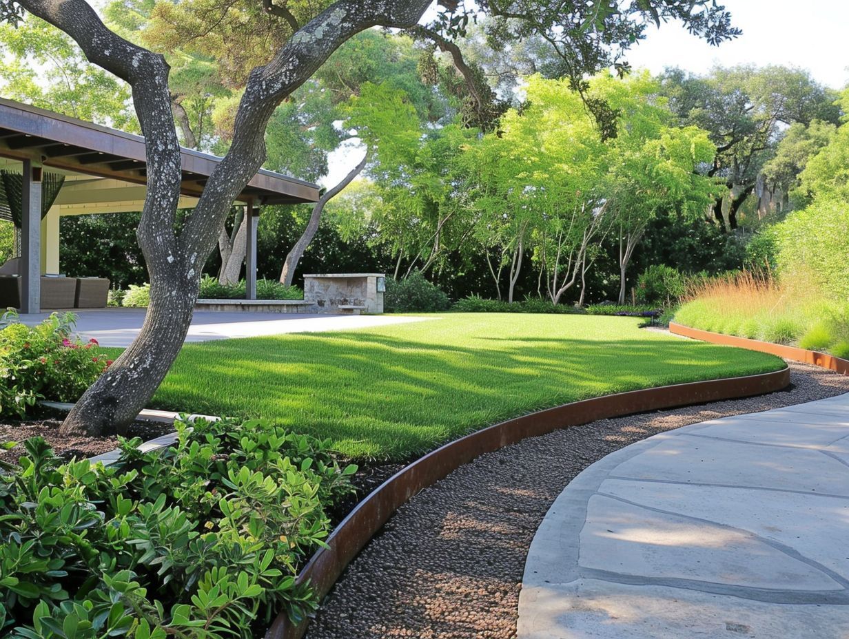 A lush green lawn is surrounded by trees and a concrete walkway.