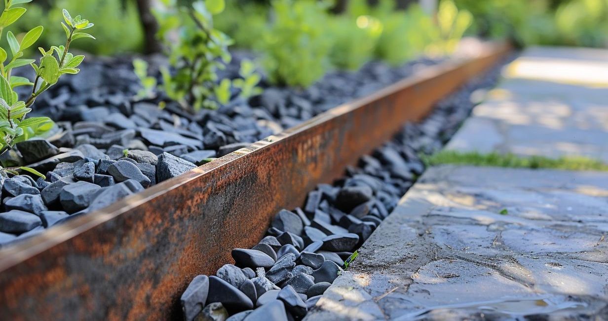 A rusty metal fence is surrounded by rocks and plants in a garden.