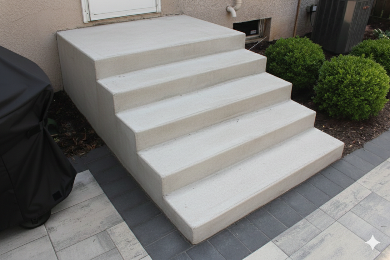 Poured concrete landing with steps onto patio from back door in St. Paul MN project by KG Landscape