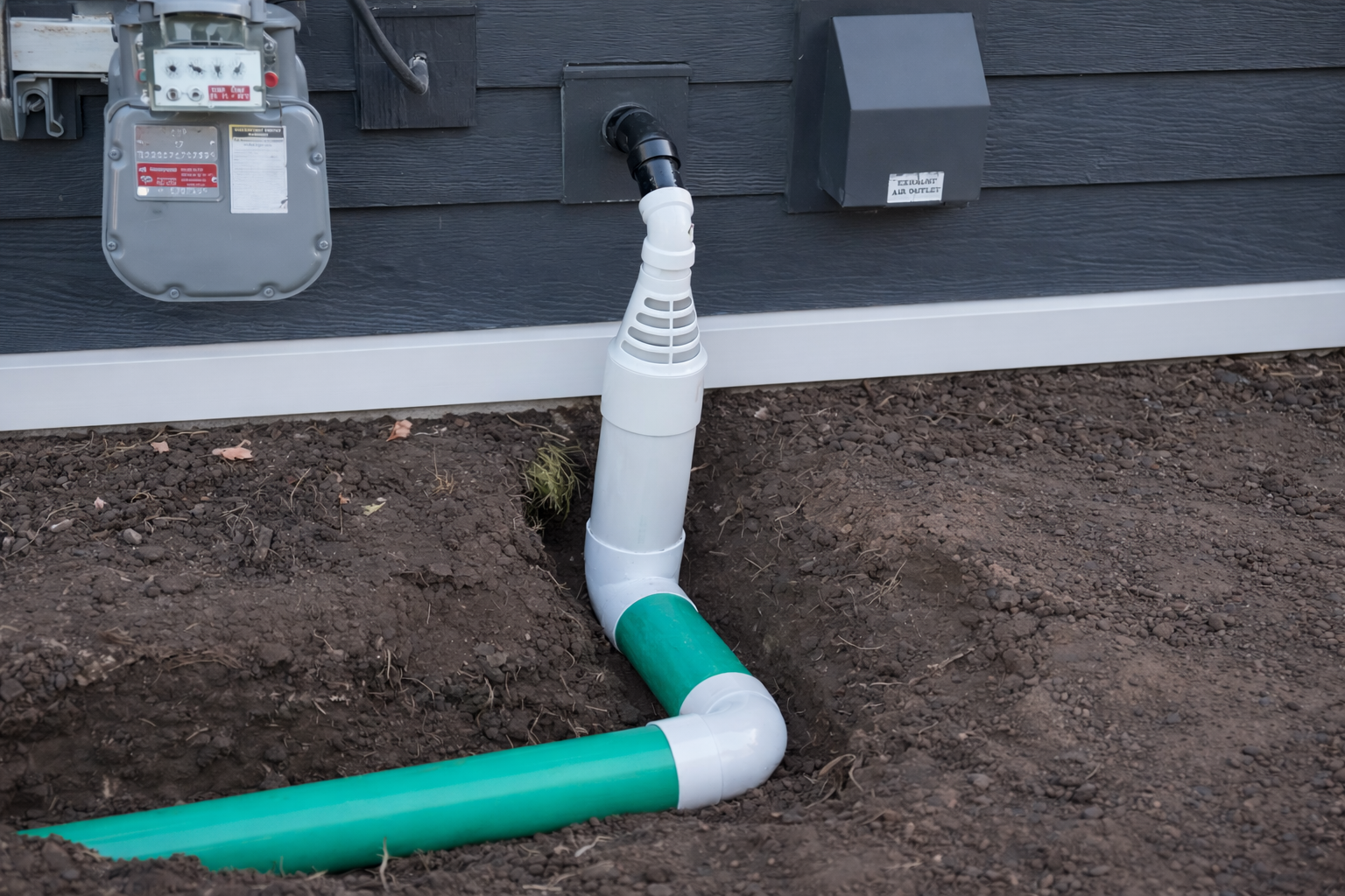 New sump pump discharge connected on the exterior of the house for underground landscape drainage solutions in Minneapolis MN