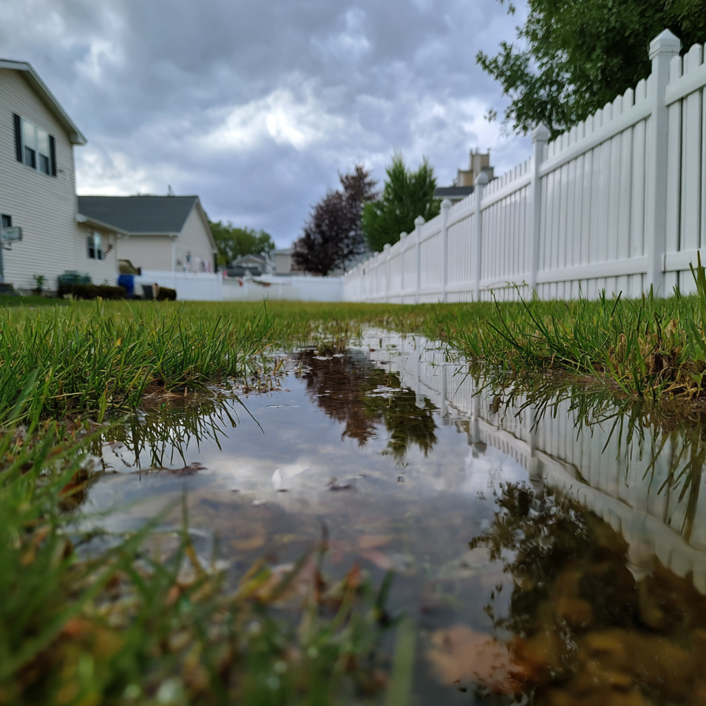 A large puddle of water sits in a green lawn in front of a white fence and houses under a cloudy sky.