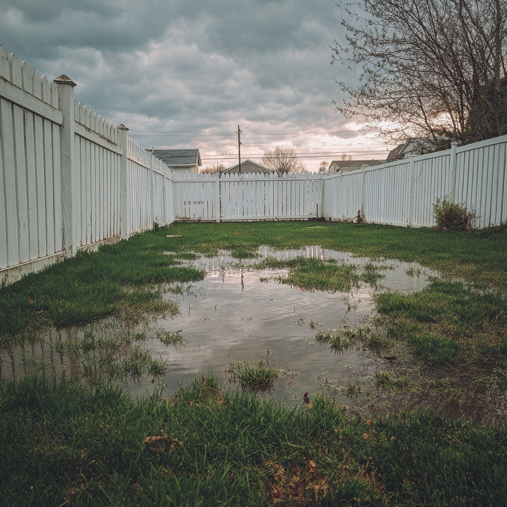 A large, murky puddle occupies the center of a grassy backyard enclosed by white vinyl fencing under a cloudy sky.