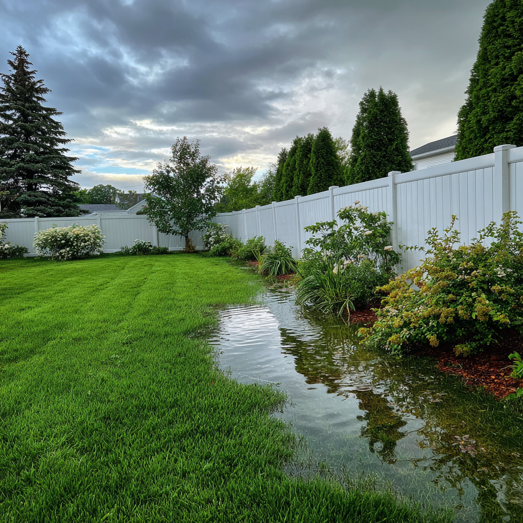 A flooded residential backyard with standing water near shrubs along a white privacy fence under a cloudy sky.