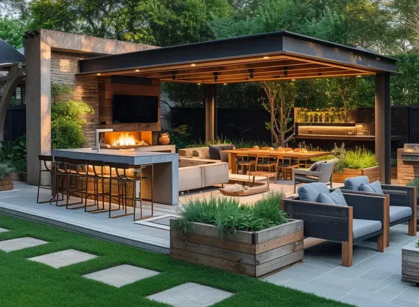 Outdoor patio with bar, dining, and seating areas under a wooden pergola, with a fireplace.