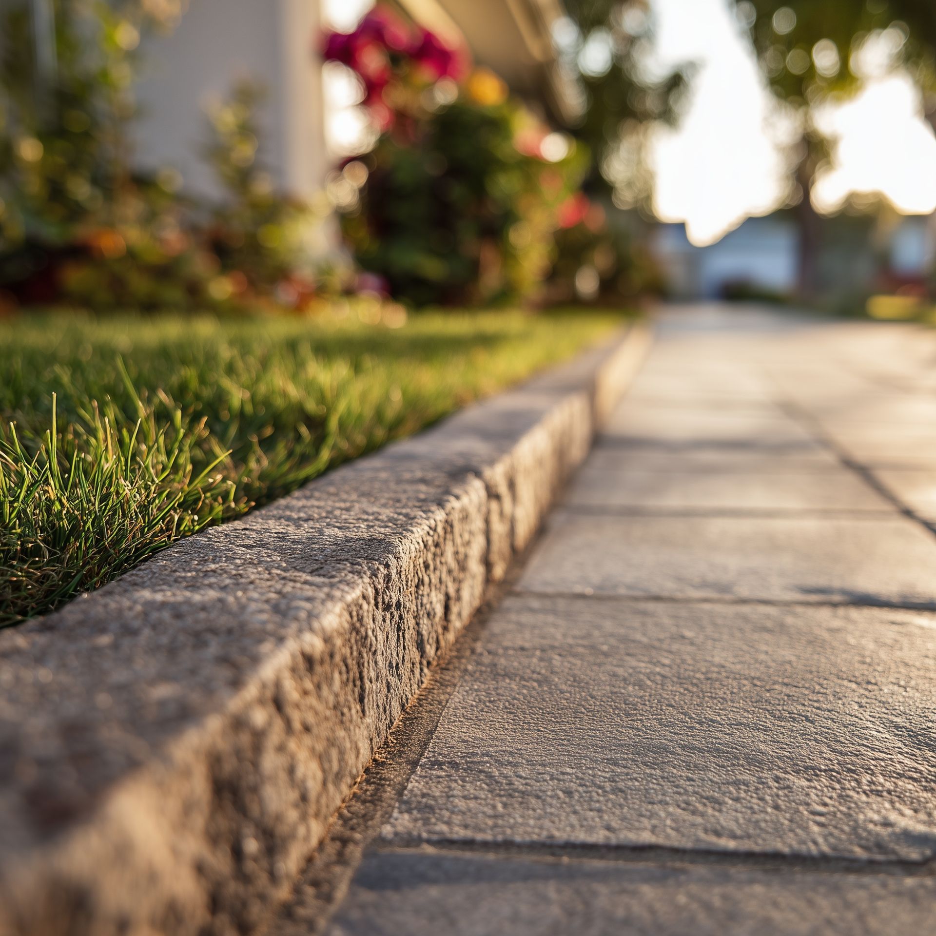 Close-up of a stone sidewalk bordering a green lawn, with a blurry house and flowers in the background.