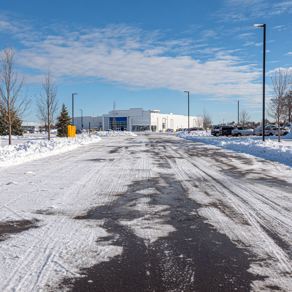 A snowy parking lot leads toward a large, white commercial building under a clear blue sky.