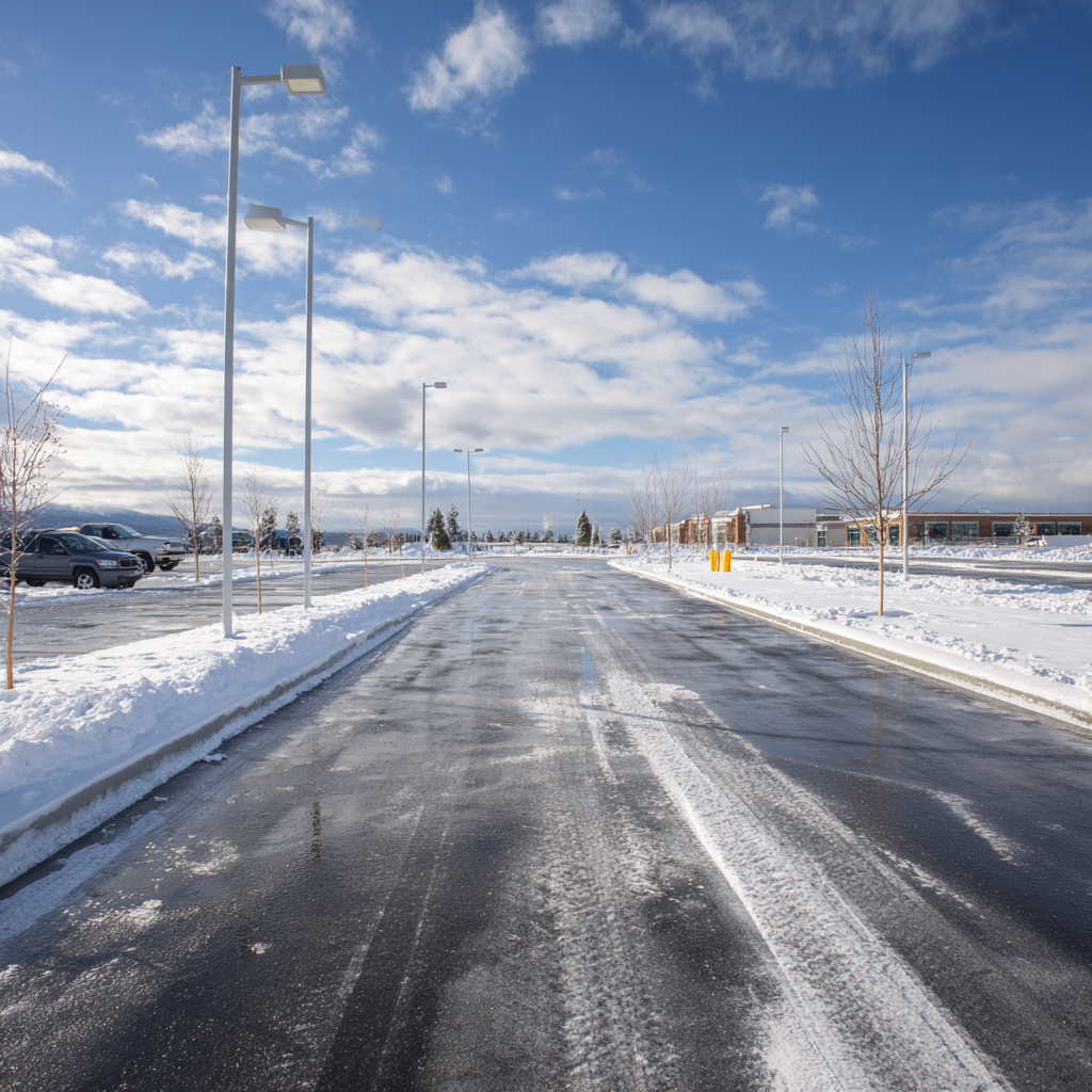 An asphalt parking lot covered in light snow under a bright blue sky with scattered clouds and tall light poles.