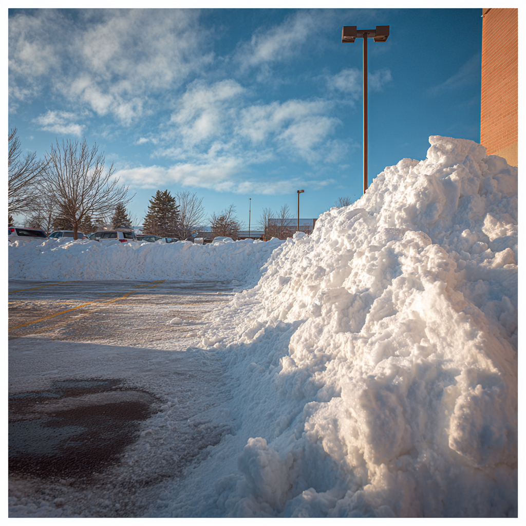 Large pile of snow in a parking lot on a bright, sunny day with a blue sky.