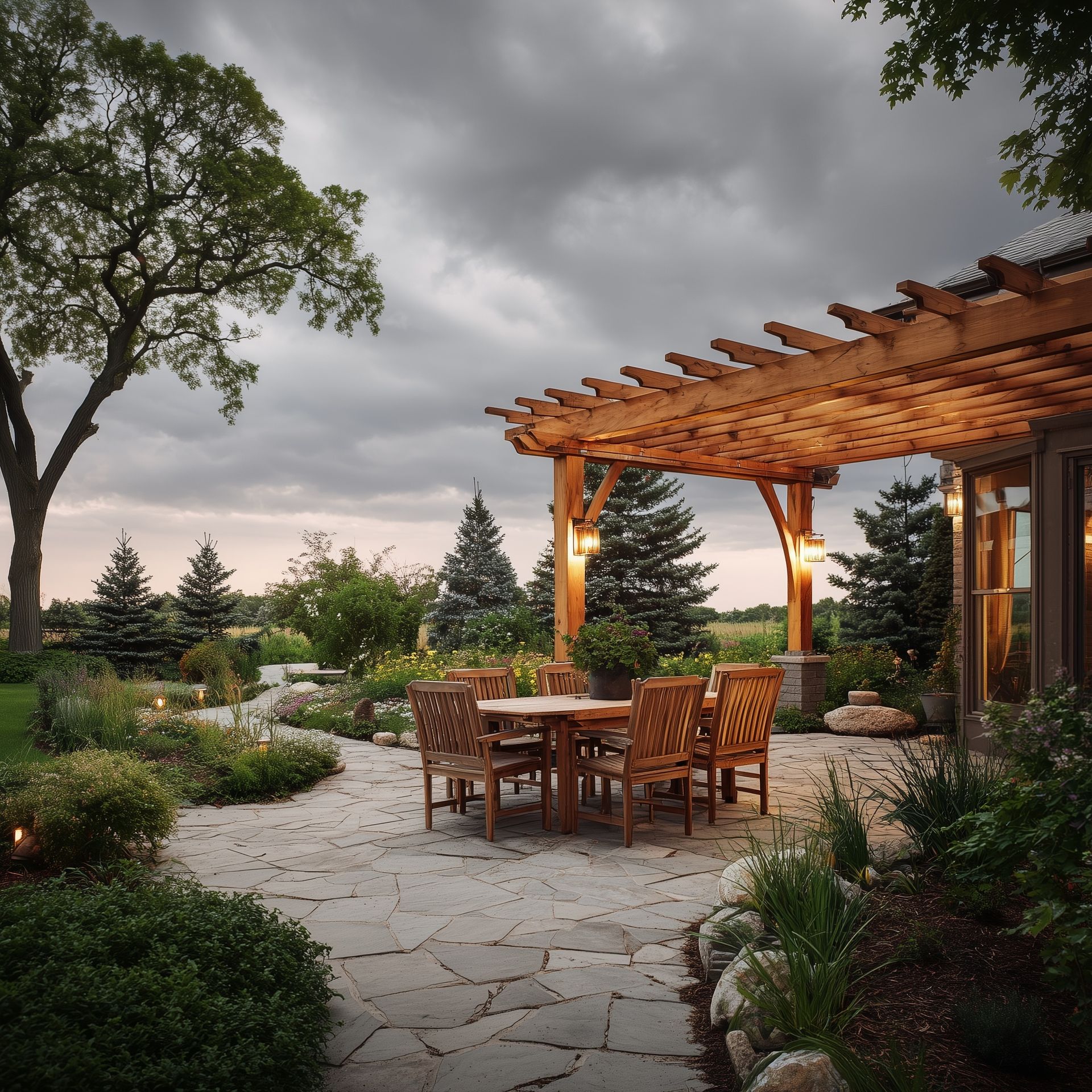 Patio with wooden pergola, table, and chairs. Cloudy sky. Landscaped garden.
