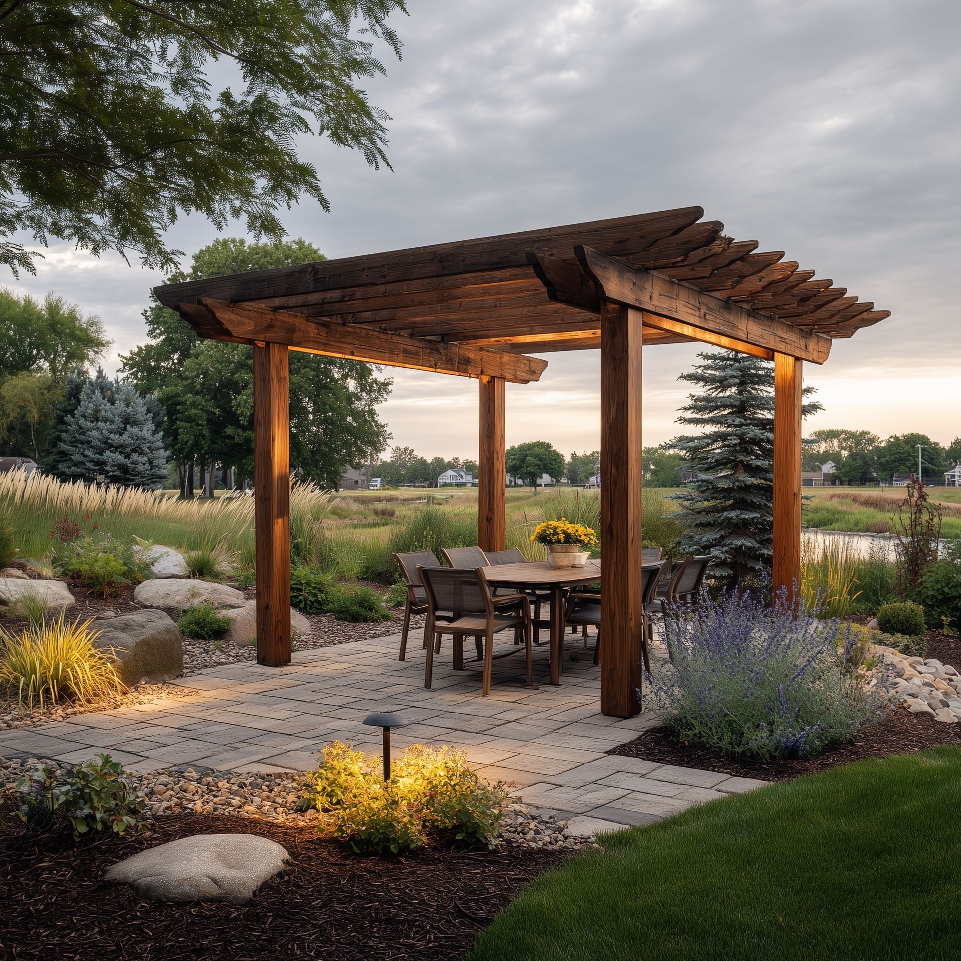 Wooden pergola with a table and chairs on a stone patio, surrounded by landscaping, overlooking a pond.