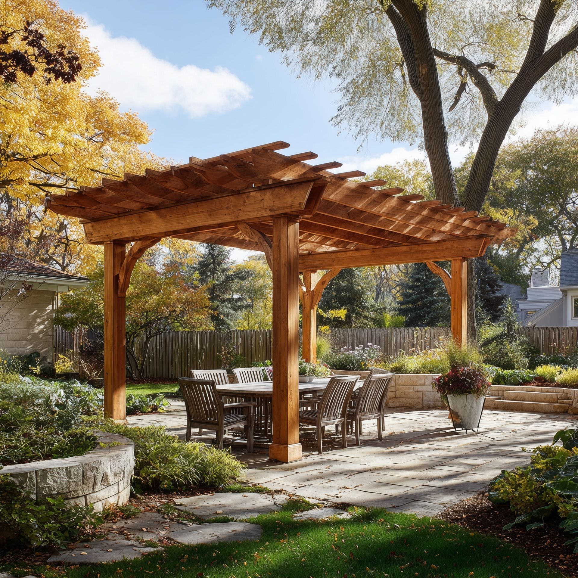 Wooden pergola over a dining table in a backyard patio. Sunny day, yellow leaves.