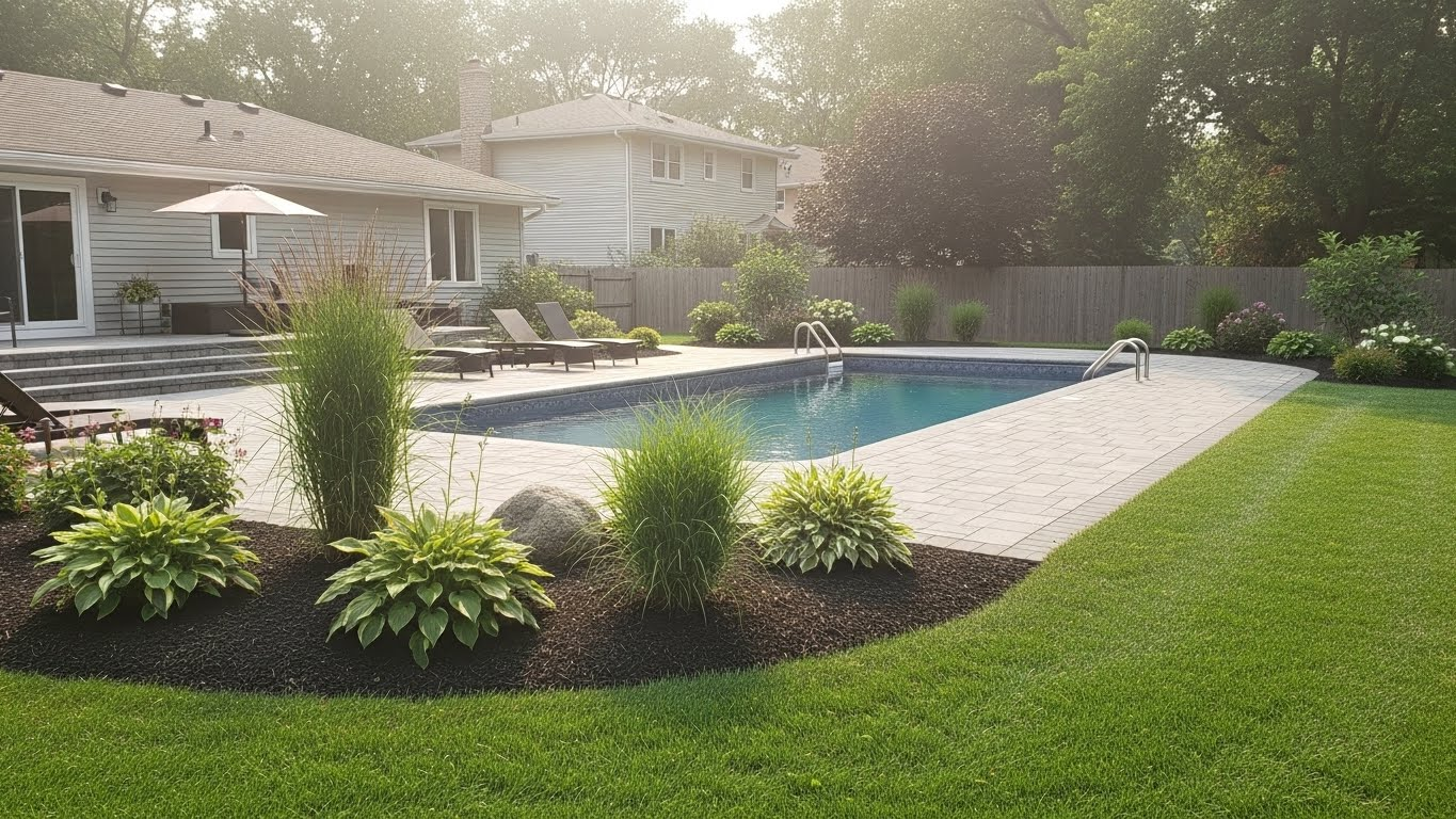 Orono pool landscape design showing open flow between pool deck and lawn area