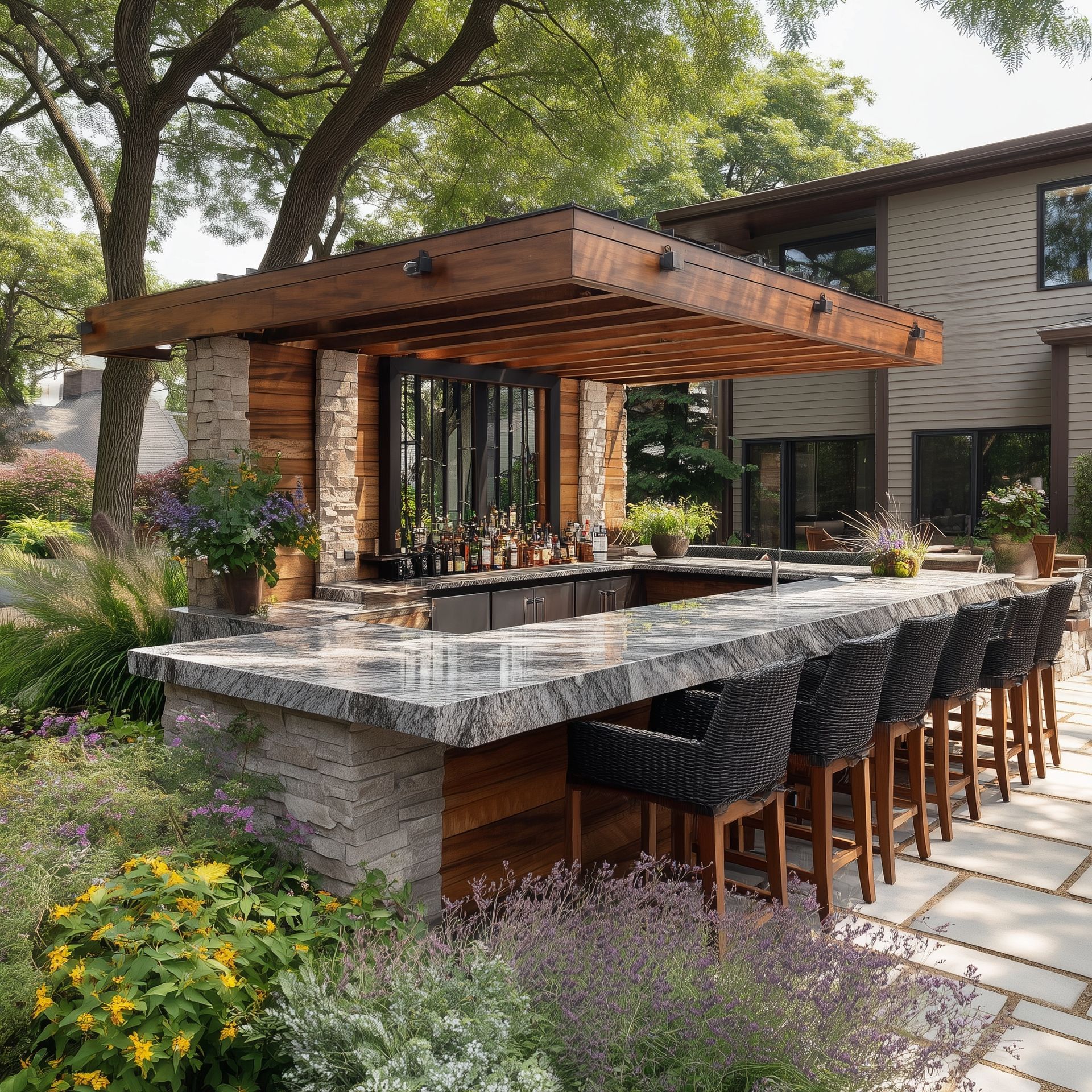 Outdoor bar with stone and wood accents, granite countertop, bar stools, and a lush garden setting.