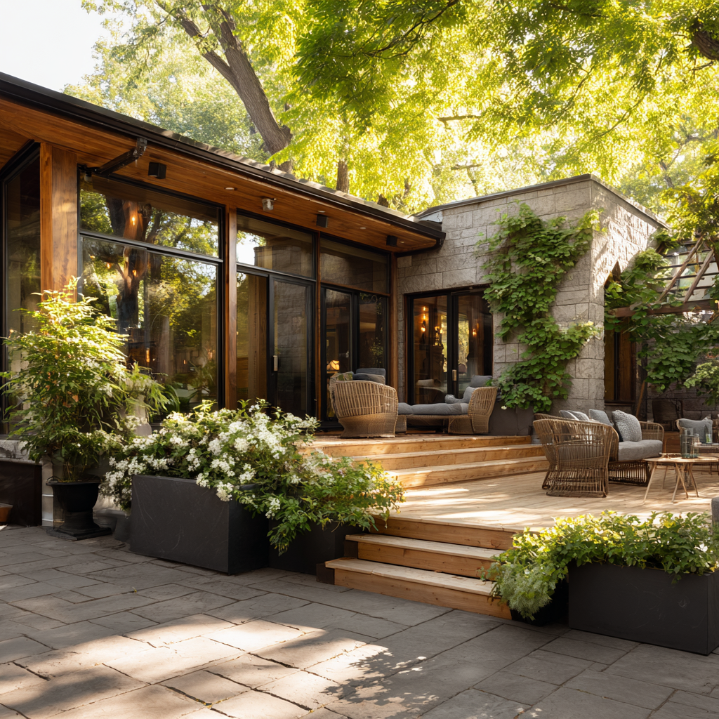 Outdoor patio with wooden deck, stone walls, and glass windows. Potted plants and seating are visible.