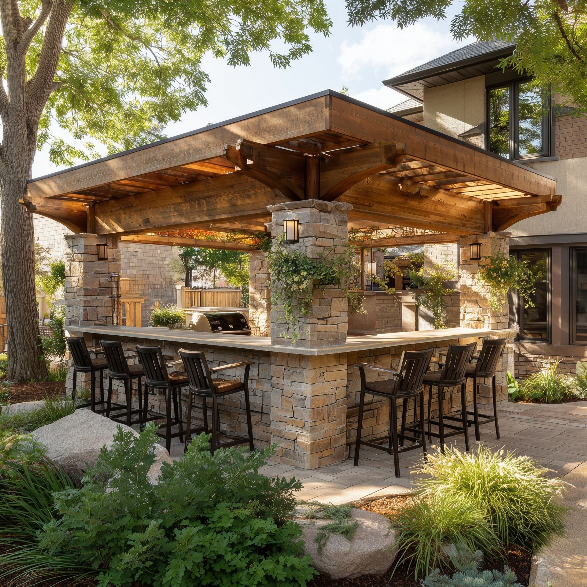 Outdoor kitchen with stone bar, wooden pergola roof, and bar stools surrounded by landscaping.